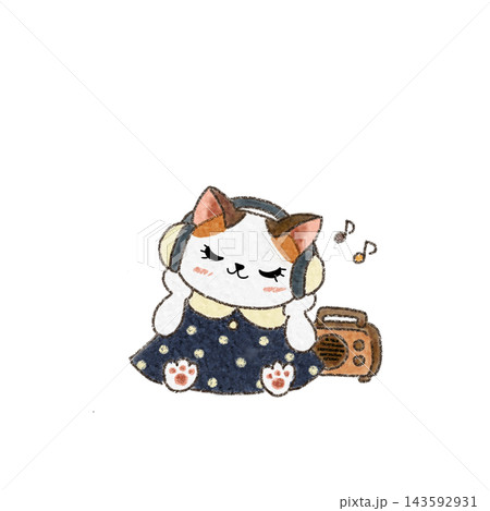 ヘッドフォンで音楽を聴いてくつろぐ猫のイラスト 143592931