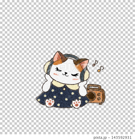An illustration of a cat relaxing while listening to music with headphones. 143592931