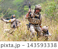Soldier in tactical gear advancing through tall grass with rifle raised, forested background 143593338