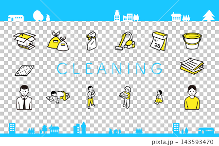 A set of illustrations and icons related to cleaning. A set of illustrations and icons related to cleaning. 143593470