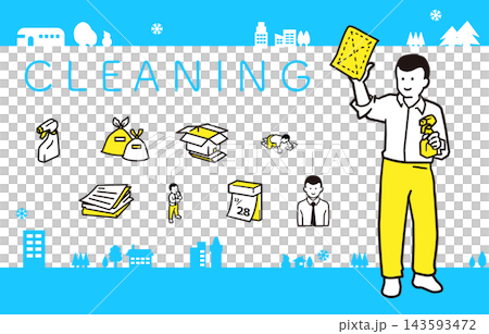 A set of illustrations of a man cleaning. 143593472