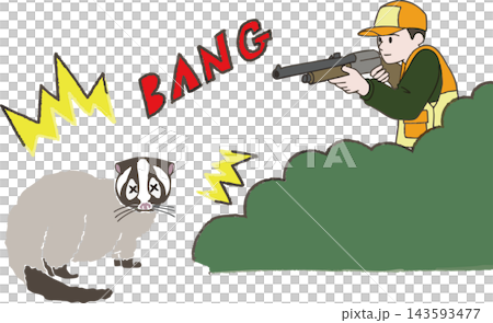 全彩插圖,描繪了一名獵人用槍射殺一隻靈貓(一種害獸)。手繪風格(靈貓滅殺,野生動物危害)。 全彩插圖,描繪了一名獵人用槍射殺一隻靈貓(一種害獸)。手繪風格(靈貓滅殺,野生動物危害)。 143593477