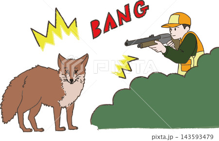 害獣キツネを銃で撃つ猟師・ハンターのフルカラーイラスト 手書き風デフォルメ(狐駆除・鳥獣被害対策・猟 害獣キツネを銃で撃つ猟師・ハンターのフルカラーイラスト 手書き風デフォルメ(狐駆除・鳥獣被害対策・猟 143593479