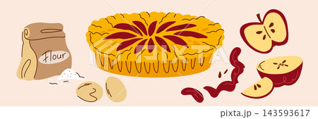 Rustic Apple Pie with Fresh Apples, Apple Slices and Baking Ingredients, Hand Drawn Autumn Kitchen Illustration for Homemade Recipe Books, Bakery Branding, Food Packaging and Seasonal Menus Rustic Apple Pie with Fresh Apples, Apple Slices and Baking Ingredients, Hand Drawn Autumn Kitchen Illustration for Homemade Recipe Books, Bakery Branding, Food Packaging and Seasonal Menus 143593617