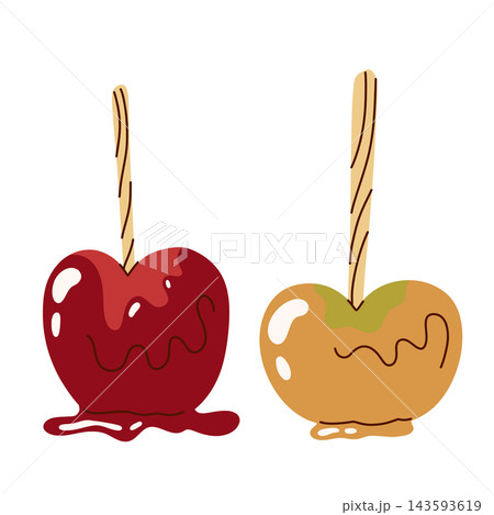 Red and Golden Candy Apples on Sticks with Glossy Sugar Coating, Sweet Autumn Fair Treat Illustration for Halloween Events, Fall Festivals, Bakery Packaging, Party Invitations and Seasonal Posters 143593619
