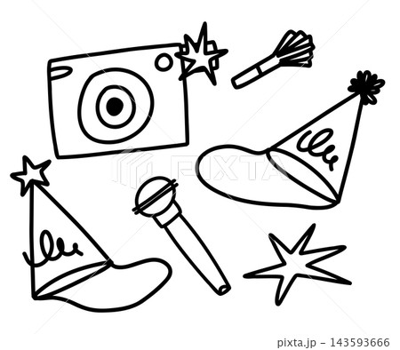 Hand drawn New Year party doodle collection with camera, party hats, sparklers, celebration blower and festive stars for holiday cards, invitations, posters and event design 143593666