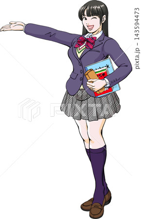 参考書片手にポーズを決める大学受験の女子高生_冬服 143594473