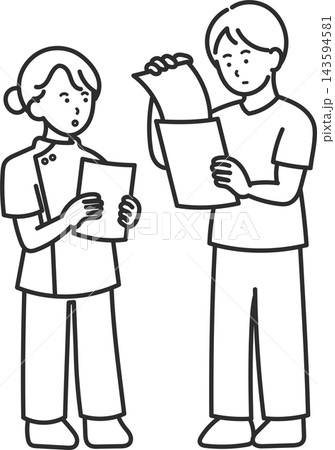 書類やカルテを確認する医師と看護師のイラスト　線画のみ 143594581