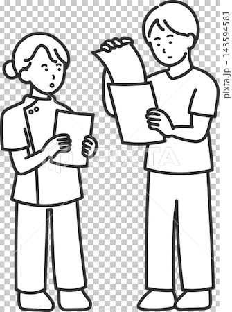 書類やカルテを確認する医師と看護師のイラスト　線画のみ 143594581
