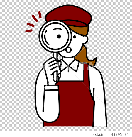 A female cafe employee peering through a magnifying glass A female cafe employee peering through a magnifying glass 143595174