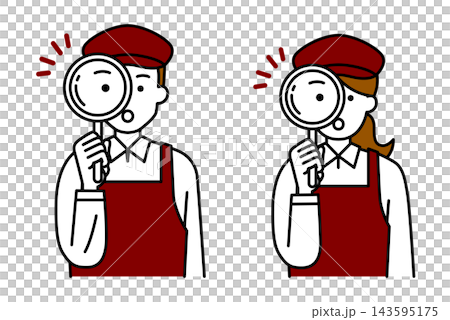 A male and female cafe employee peering through a magnifying glass. 143595175