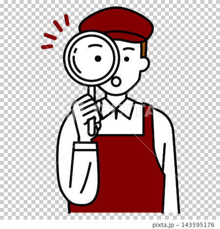 A male cafe employee peering through a magnifying glass. A male cafe employee peering through a magnifying glass. 143595176