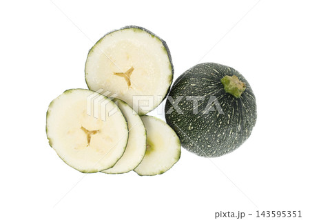 Round Zucchini Green Squash With Slices On White Background Fresh Vegetable Ingredient Round Zucchini Green Squash With Slices On White Background Fresh Vegetable Ingredient 143595351
