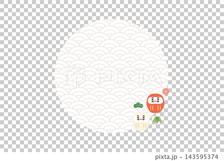 A circular frame with a Seigaiha pattern, adorned with cute red and white Daruma dolls. 143595374