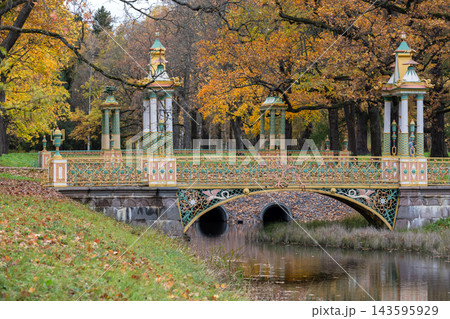 Ornate decorative bridge spans a calm canal in an autumn park, framed by golden trees Ornate decorative bridge spans a calm canal in an autumn park, framed by golden trees 143595929