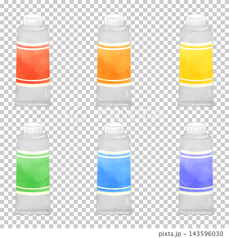 A set of hand-drawn style illustrations of paint bottles (with lids). 143596030