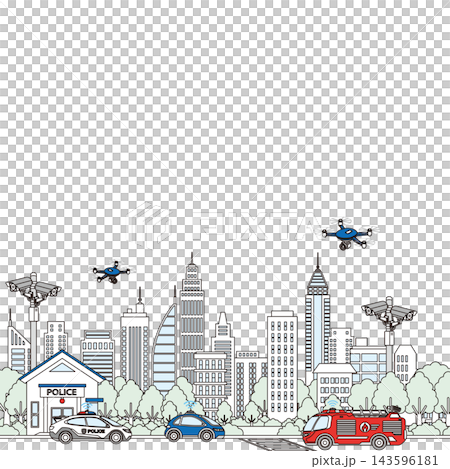 A background illustration depicting a cityscape with security cameras, a police station, and patrol cars, focusing on security and maintaining public order. A background illustration depicting a cityscape with security cameras, a police station, and patrol cars, focusing on security and maintaining public order. 143596181