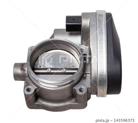 Car part engine throttle valve opened by the gas pedal to supply more air to the engine. Spare parts catalog for vehicles from the junkyard Car part engine throttle valve opened by the gas pedal to supply more air to the engine. Spare parts catalog for vehicles from the junkyard 143596373