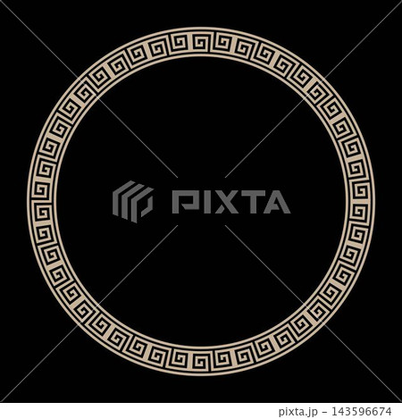 Greek round frame. Greek key, meander, circle, square, circle, border. Gold vintage ethnic vector frame plate. Pattern frame for round surfaces, household utensil, textile, embroidery, plate. Vector 143596674