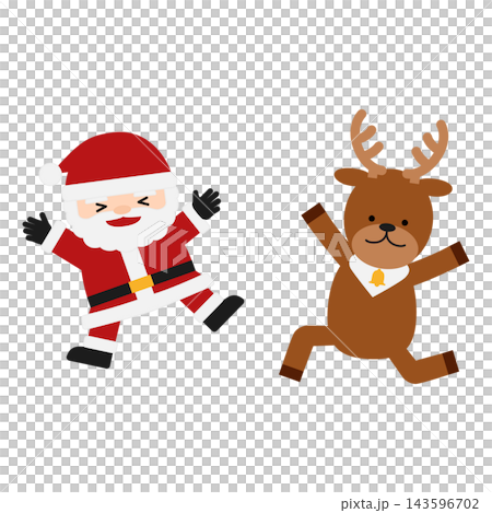 An illustration of a cute Santa Claus and reindeer happily jumping together in joy. An illustration of a cute Santa Claus and reindeer happily jumping together in joy. 143596702