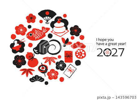 お正月のいろいろなものとひつじ　2027年賀状 143596703
