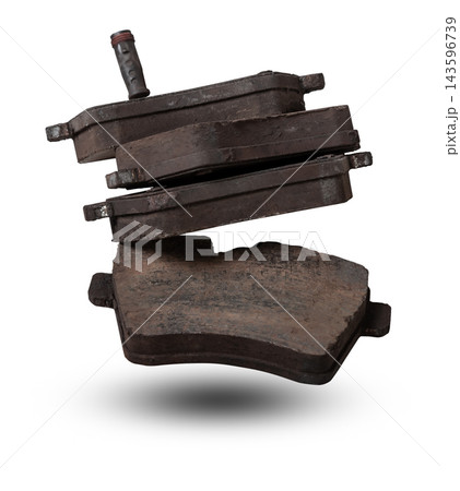 Collection Set Isolated clipping path brake pads falling down on white isolated background. The parts of car equipment in the wheel for brake of car. Transportation and Car maintenance Concept 143596739
