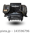 The body of the stove heater made of black plastic with an air conditioning system for repair and replacement on a car in a workshop on a white isolated background. Catalog of spare parts for 143596796