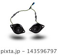 Two speakers of an acoustic system - an audio for playing music in a car interior on a white isolated background in a photo studio. Spare parts for auto repair in a workshop or for sale for tuning. 143596797