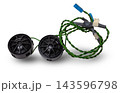 Two speakers of an acoustic system - an audio for playing music in a car interior on a white isolated background in a photo studio. Spare parts for auto repair in a workshop or for sale for tuning. 143596798