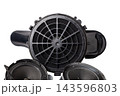 Two speakers of an acoustic system - an audio for playing music in a car interior on a white isolated background in a photo studio. Spare parts for auto repair in a workshop or for sale for tuning. 143596803