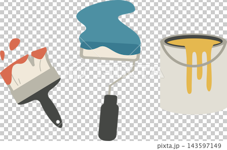 ペンキ塗りの道具セット(刷毛・ローラー・ペンキ缶のイラスト素材) ペンキ塗りの道具セット(刷毛・ローラー・ペンキ缶のイラスト素材) 143597149