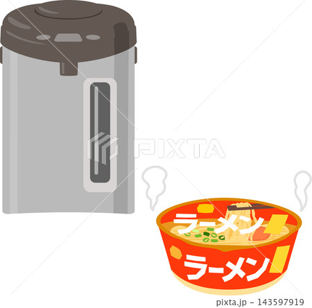 湯を入れて蓋を閉めたカップラーメンと電気ポット 143597919