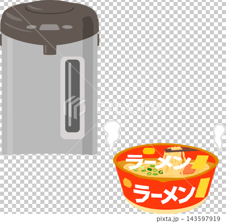 湯を入れて蓋を閉めたカップラーメンと電気ポット 143597919