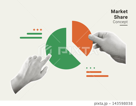 Market share and business strategy concepts. Halftone hands adjusting colorful pie chart sections, analyzing business division, and target segment. Market share and business strategy concepts. Halftone hands adjusting colorful pie chart sections, analyzing business division, and target segment. 143598038