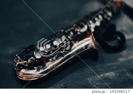 close up view of a beautiful saxophone close up view of a beautiful saxophone 143598217