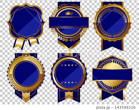 Set of 6 luxurious ribbon-adorned emblem frames in blue and gold. Set of 6 luxurious ribbon-adorned emblem frames in blue and gold. 143598326