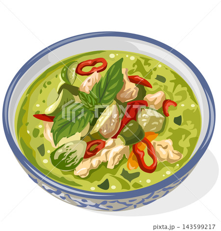 Vector illustration of authentic Thai green curry with chicken, eggplant, and basil in a traditional bowl isolated on a white background 143599217