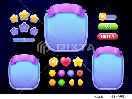Game UI Kit with Blank Popup Windows Buttons Stars Icons and Progress Bar for Mobile App Interface Design Game UI Kit with Blank Popup Windows Buttons Stars Icons and Progress Bar for Mobile App Interface Design 143599955