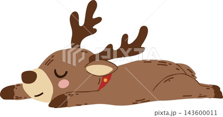 Cute sleeping reindeer cartoon clipart featuring a brown deer lying flat with stretched legs, closed eyes, dark antlers, pink cheek, and red collar with golden bell, perfect for cozy Christmas holiday 143600011