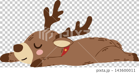 Cute sleeping reindeer cartoon clipart featuring a brown deer lying flat with stretched legs, closed eyes, dark antlers, pink cheek, and red collar with golden bell, perfect for cozy Christmas holiday Cute sleeping reindeer cartoon clipart featuring a brown deer lying flat with stretched legs, closed eyes, dark antlers, pink cheek, and red collar with golden bell, perfect for cozy Christmas holiday 143600011