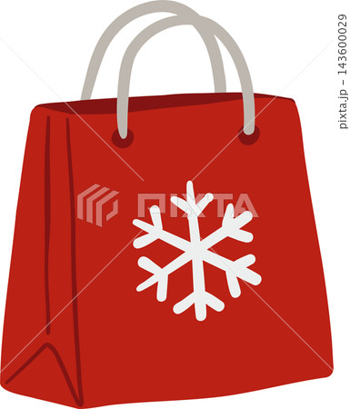 Cute Christmas shopping bag cartoon clipart featuring a red paper gift carrier with a large white snowflake, curved gray handles, and folded sides, perfect for festive winter holiday shopping and 143600029
