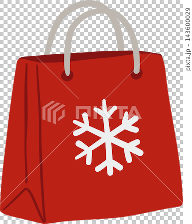 Cute Christmas shopping bag cartoon clipart featuring a red paper gift carrier with a large white snowflake, curved gray handles, and folded sides, perfect for festive winter holiday shopping and 143600029