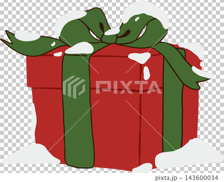 Cute snowy Christmas gift box cartoon clipart featuring a red present wrapped with a green ribbon bow, covered in white snow along its top and bottom edges, perfect for festive winter holiday designs 143600034