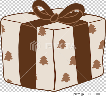 Cute Christmas gift box cartoon clipart featuring a beige present with brown pine tree patterns, wrapped in a dark brown ribbon bow, creating a rustic festive package for winter holiday celebrations Cute Christmas gift box cartoon clipart featuring a beige present with brown pine tree patterns, wrapped in a dark brown ribbon bow, creating a rustic festive package for winter holiday celebrations 143600035