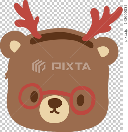 Cute brown bear cartoon clipart wearing red reindeer antlers and round glasses, featuring an adorable face, tiny nose, rounded ears, and a festive Christmas look with playful holiday charm 143600055