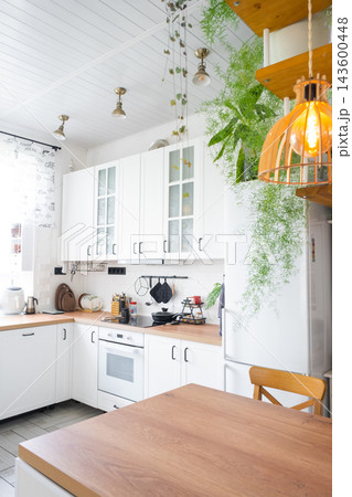Vertical layout shot of an elegant white scandinavian kitchen dining corner filled with green plants, home design, cozy lifestyle. Vertical layout shot of an elegant white scandinavian kitchen dining corner filled with green plants, home design, cozy lifestyle. 143600448