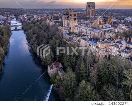 Drone shot of Durham Cathedral and River Wear Drone shot of Durham Cathedral and River Wear 143602274