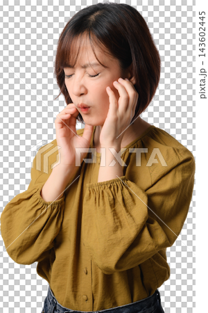 Stressed young asian woman touching cheeks with pain expression while shopping during black friday sale promotion discount event with isolated background for marketing campaign Stressed young asian woman touching cheeks with pain expression while shopping during black friday sale promotion discount event with isolated background for marketing campaign 143602445