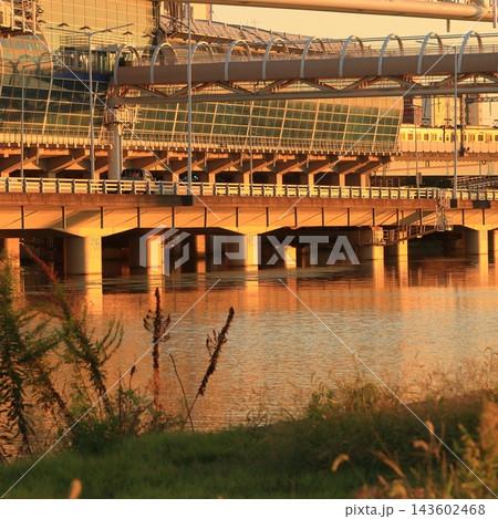 Golden Sunset Reflections on Riverside Bridges in Busan Golden Sunset Reflections on Riverside Bridges in Busan 143602468