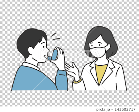 A male patient practices using an inhaler under the guidance of a female pharmacist at a dispensing pharmacy. A male patient practices using an inhaler under the guidance of a female pharmacist at a dispensing pharmacy. 143602717